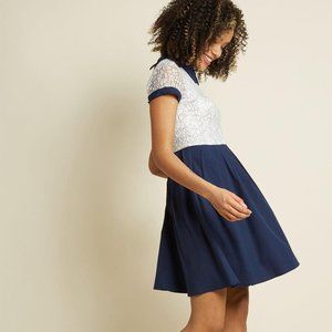 ModCloth White and Blue Lace Fit & Flare Peter Pan Collar Mini Dress Size Small